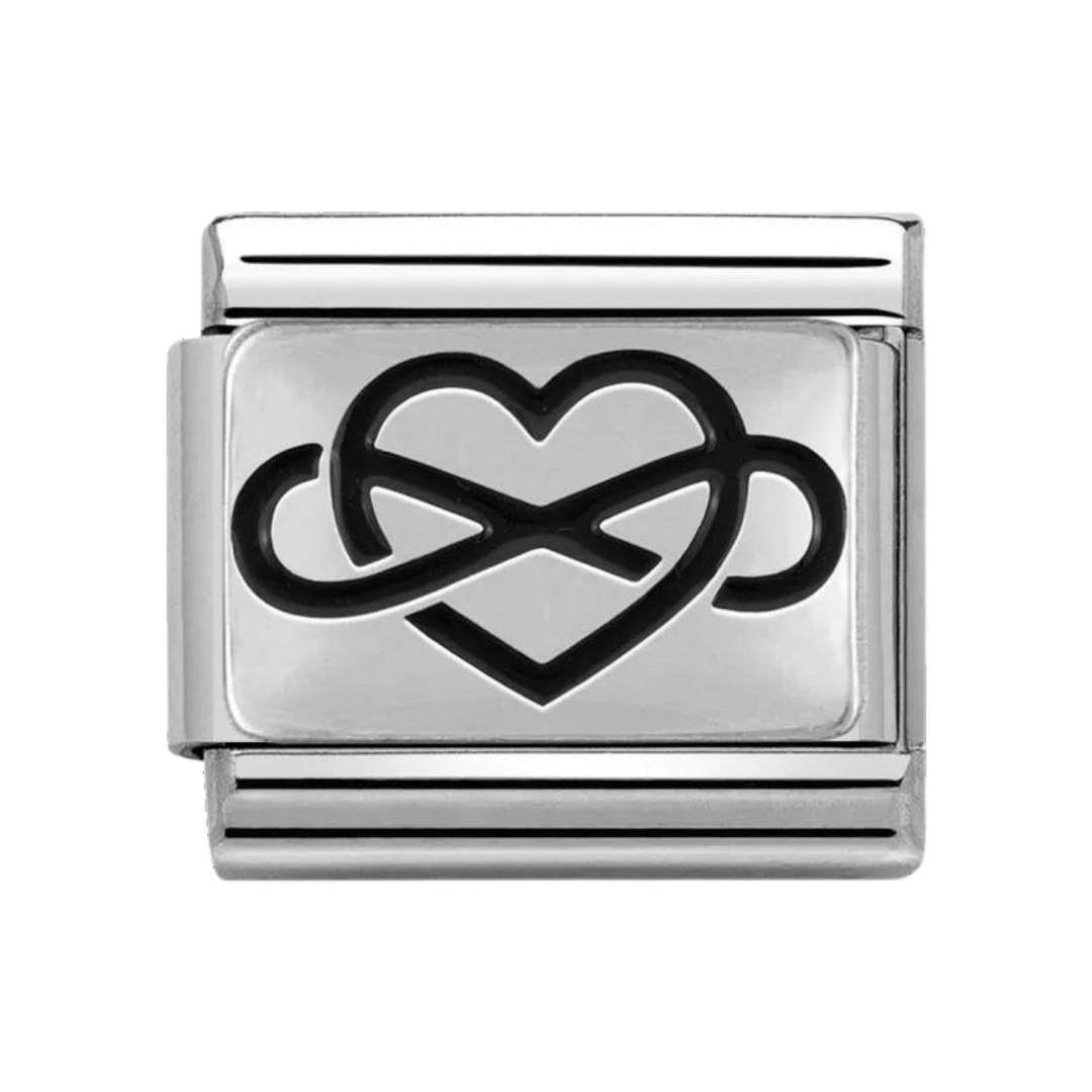 Niche Jewellery Nomination charm featuring an oxidised silver infinity heart symbol on stainless steel link