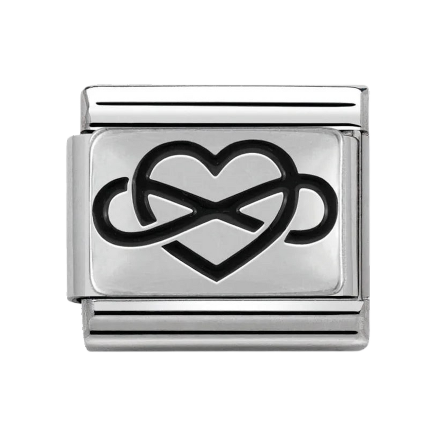 Niche Jewellery Nomination charm featuring an oxidised silver infinity heart symbol on stainless steel link