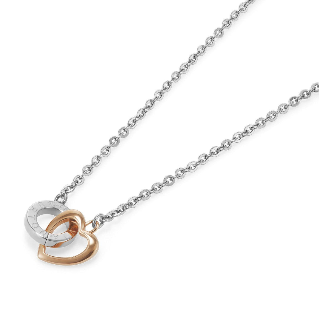 Niche Jewellery Olivia Burton Kindred interlinking heart necklace in silver and rose gold plated metal on a chain.