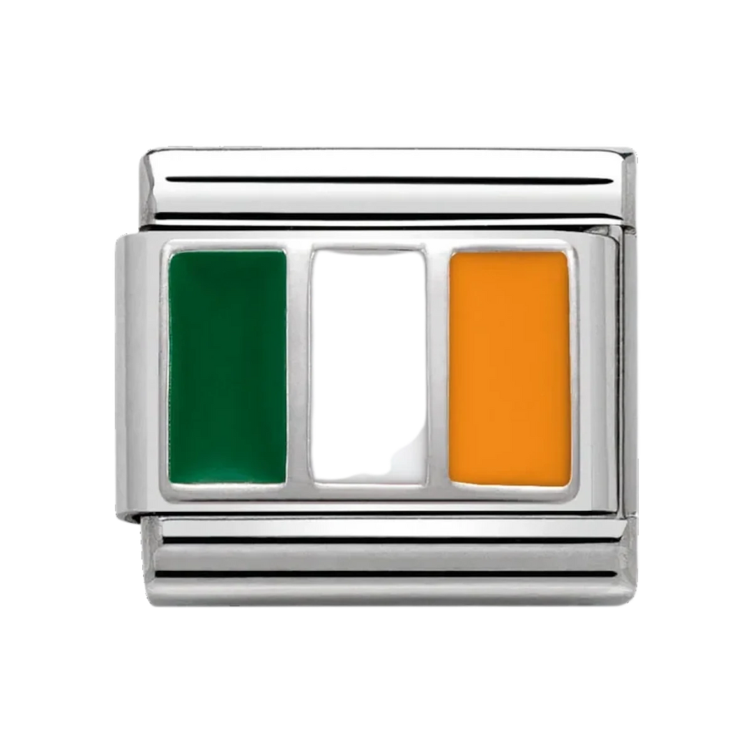 Niche Jewellery Nomination charm featuring the green, white, and orange Irish flag in enamel on sterling silver.