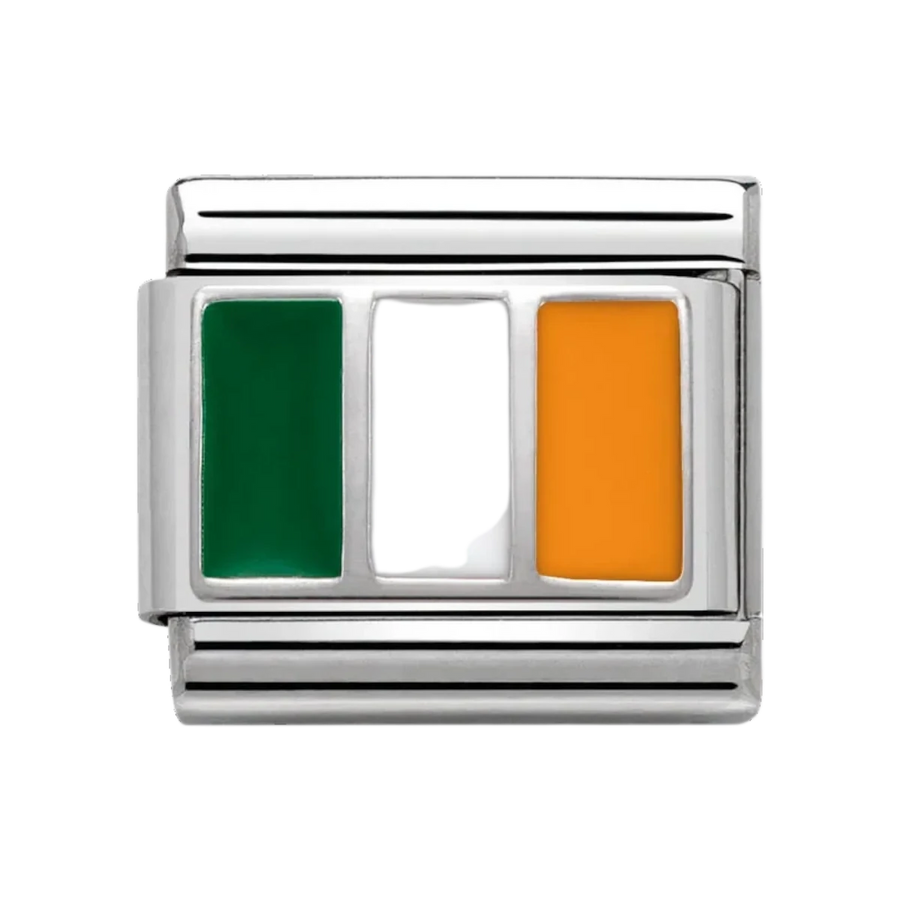 Niche Jewellery Nomination charm featuring the green, white, and orange Irish flag in enamel on sterling silver.
