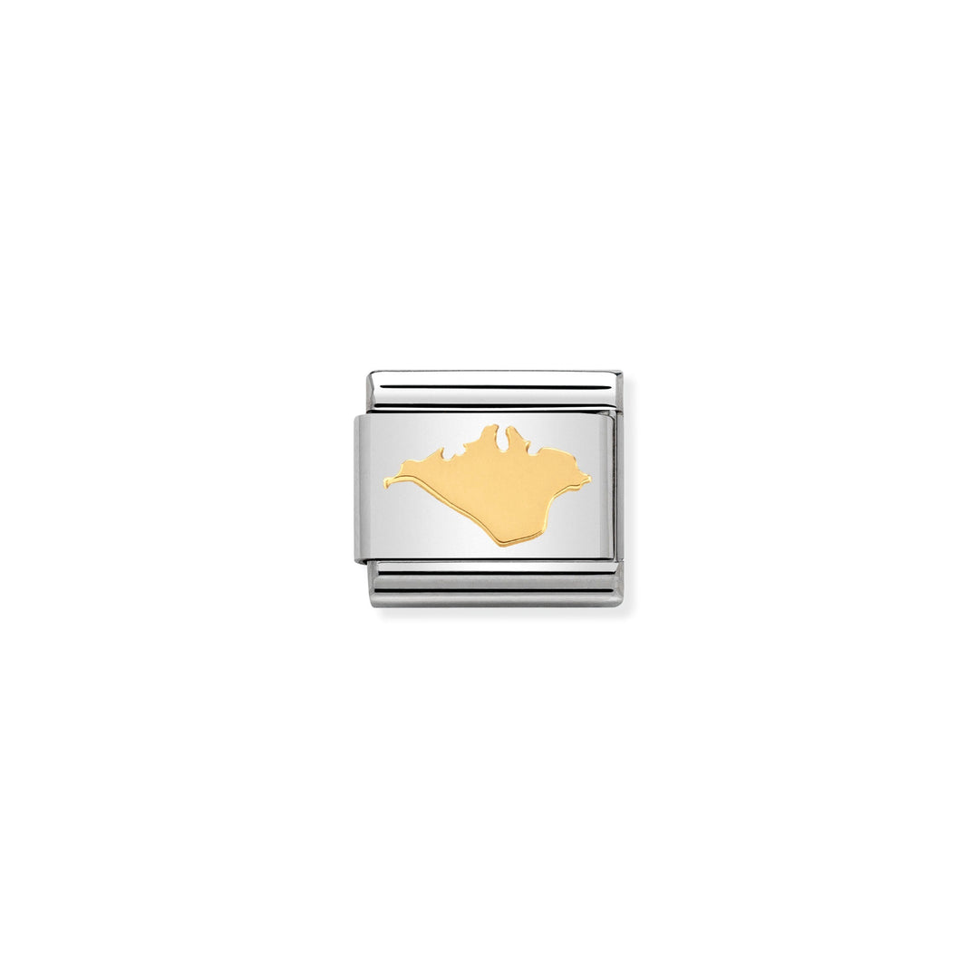 Niche Jewellery Nomination charm featuring an 18k gold Isle of Wight map outline on a stainless steel link.