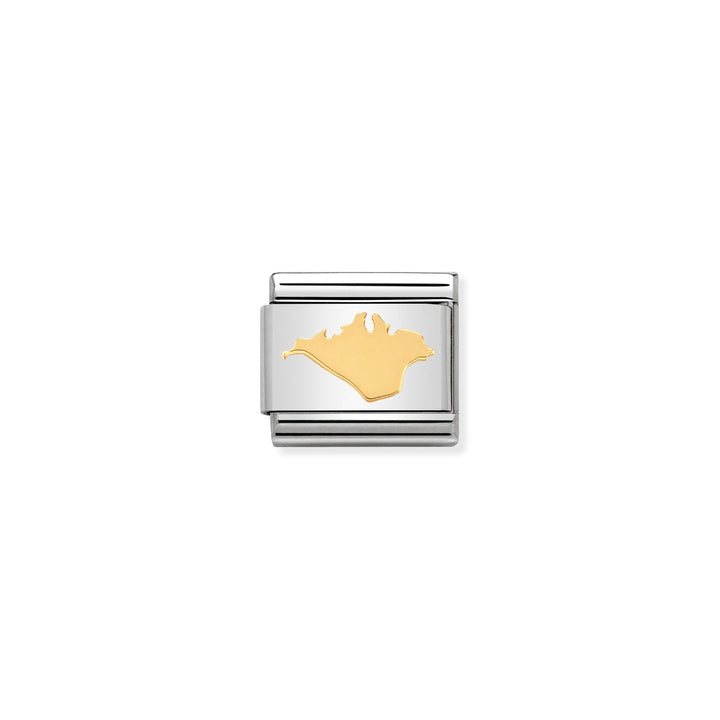 Niche Jewellery Nomination charm featuring an 18k gold Isle of Wight map outline on a stainless steel link.