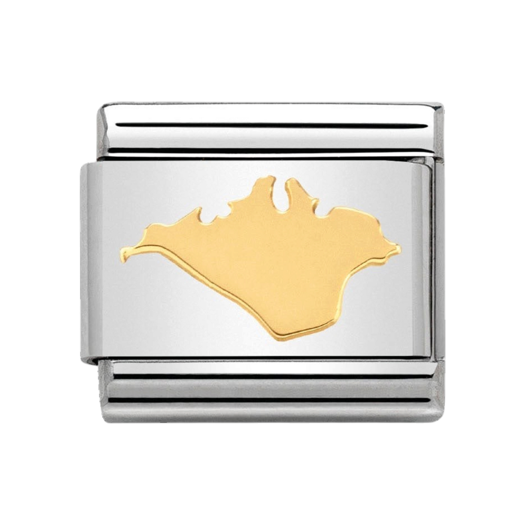 Niche Jewellery Nomination charm featuring an 18k gold Isle of Wight map outline on a stainless steel link.