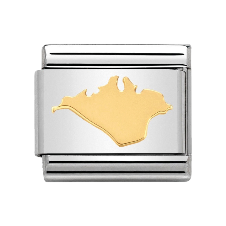 Niche Jewellery Nomination charm featuring an 18k gold Isle of Wight map outline on a stainless steel link.