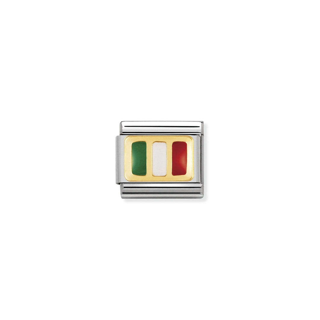 Niche Jewellery Nomination Italy flag charm in 18k gold and enamel for a classic composable bracelet.