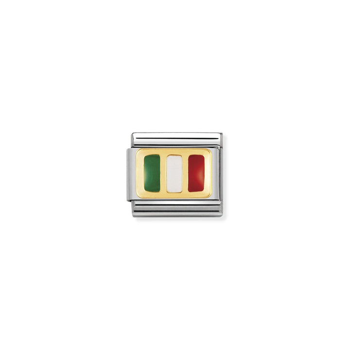 Niche Jewellery Nomination Italy flag charm in 18k gold and enamel for a classic composable bracelet.