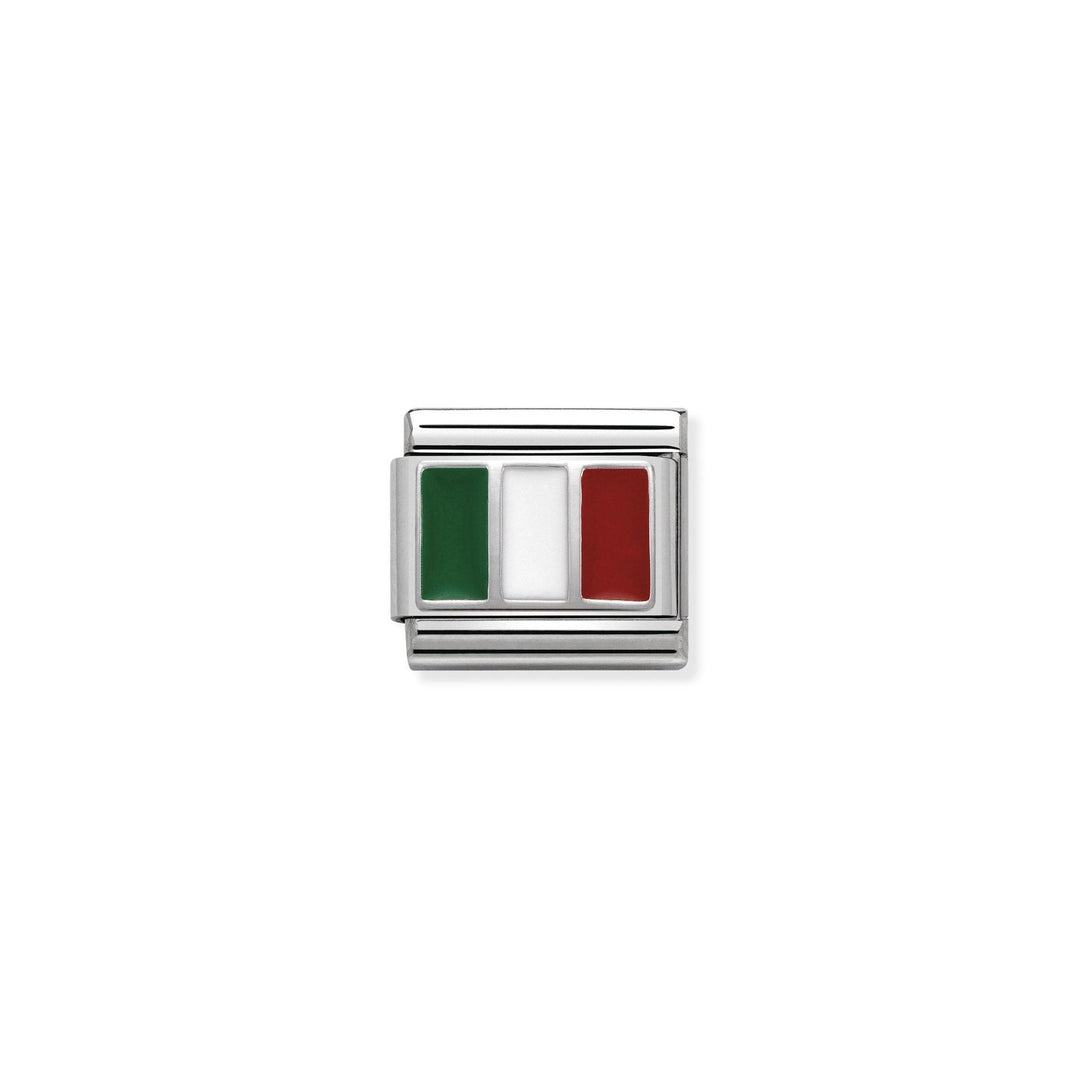 Niche Jewellery Nomination Italy flag charm in sterling silver and enamel for a classic composable bracelet.