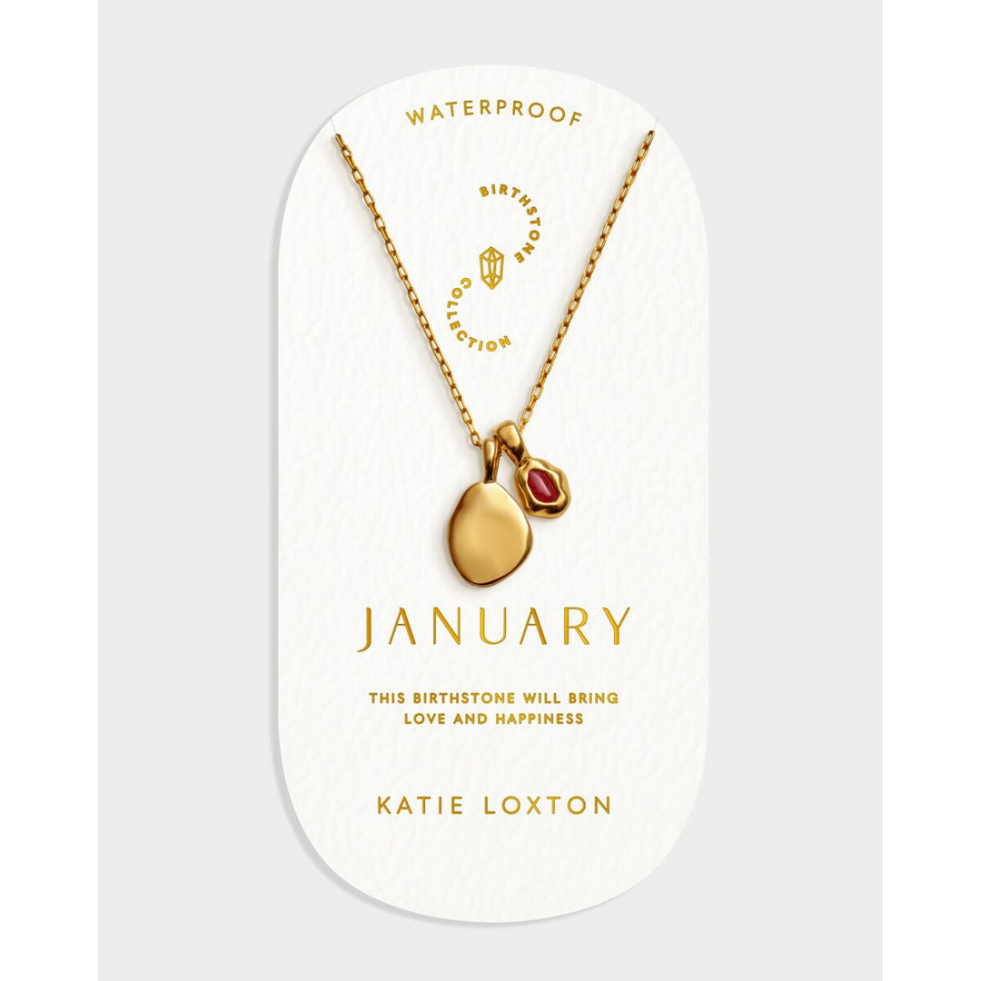 Niche Jewellery Katie Loxton January waterproof gold necklace featuring a deep red birthstone pendant on a slim chain.