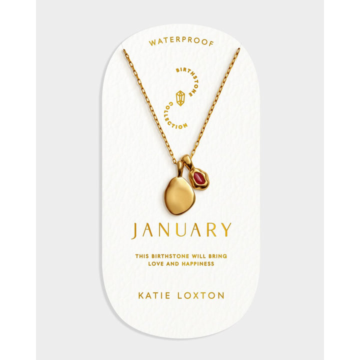 Niche Jewellery Katie Loxton January waterproof gold necklace featuring a deep red birthstone pendant on a slim chain.