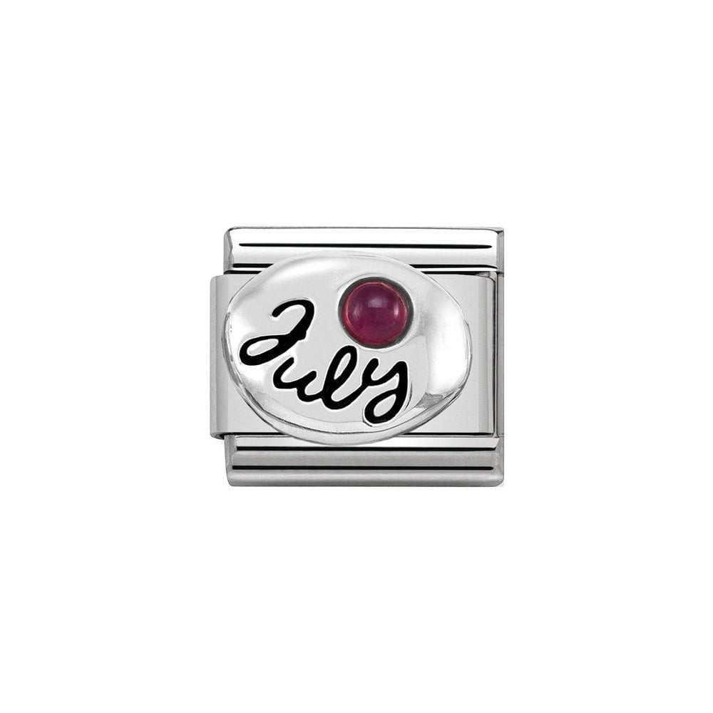 Niche Jewellery silver charm with 'July' in cursive and a ruby red zirconia stone, perfect for bracelets.
