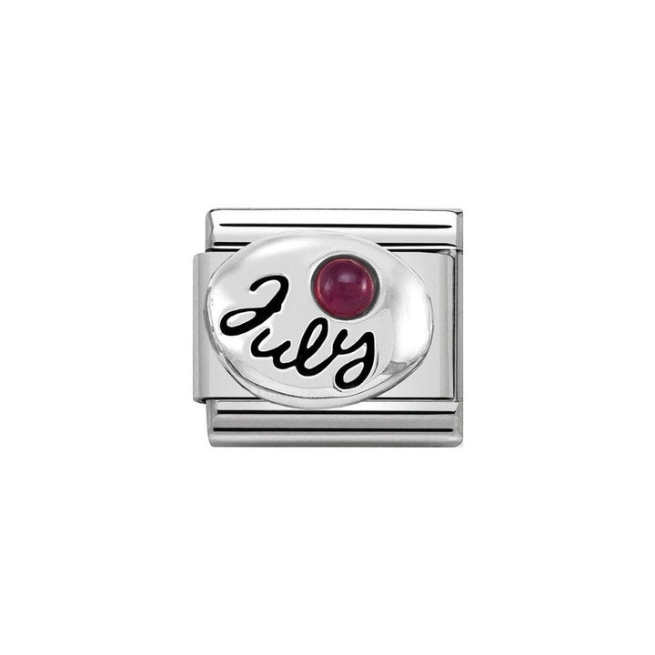 Niche Jewellery silver charm with 'July' in cursive and a ruby red zirconia stone, perfect for bracelets.