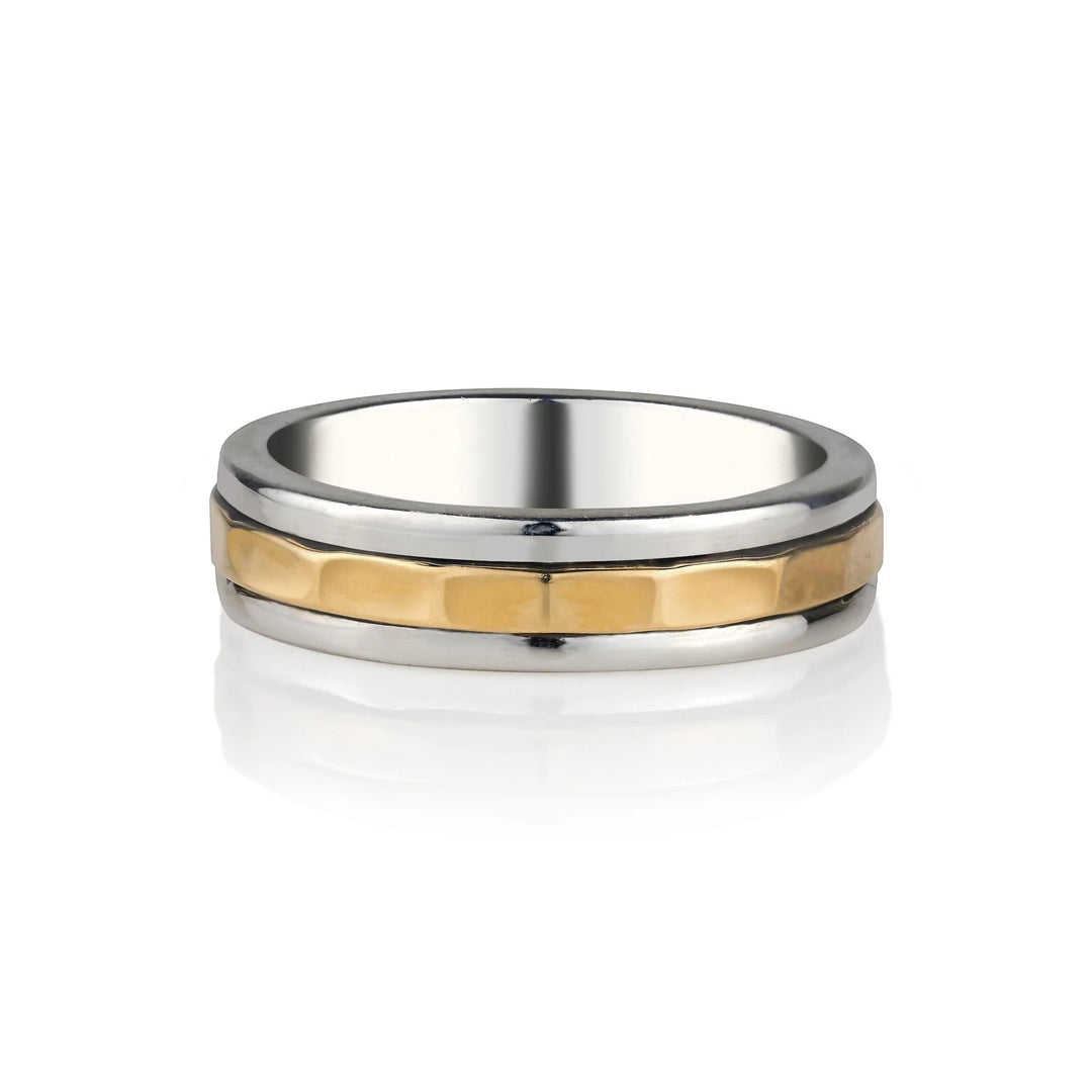 Niche Jewellery Charlotte's Web Karma Fortune unisex spinning ring in mixed recycled silver and gold metals.