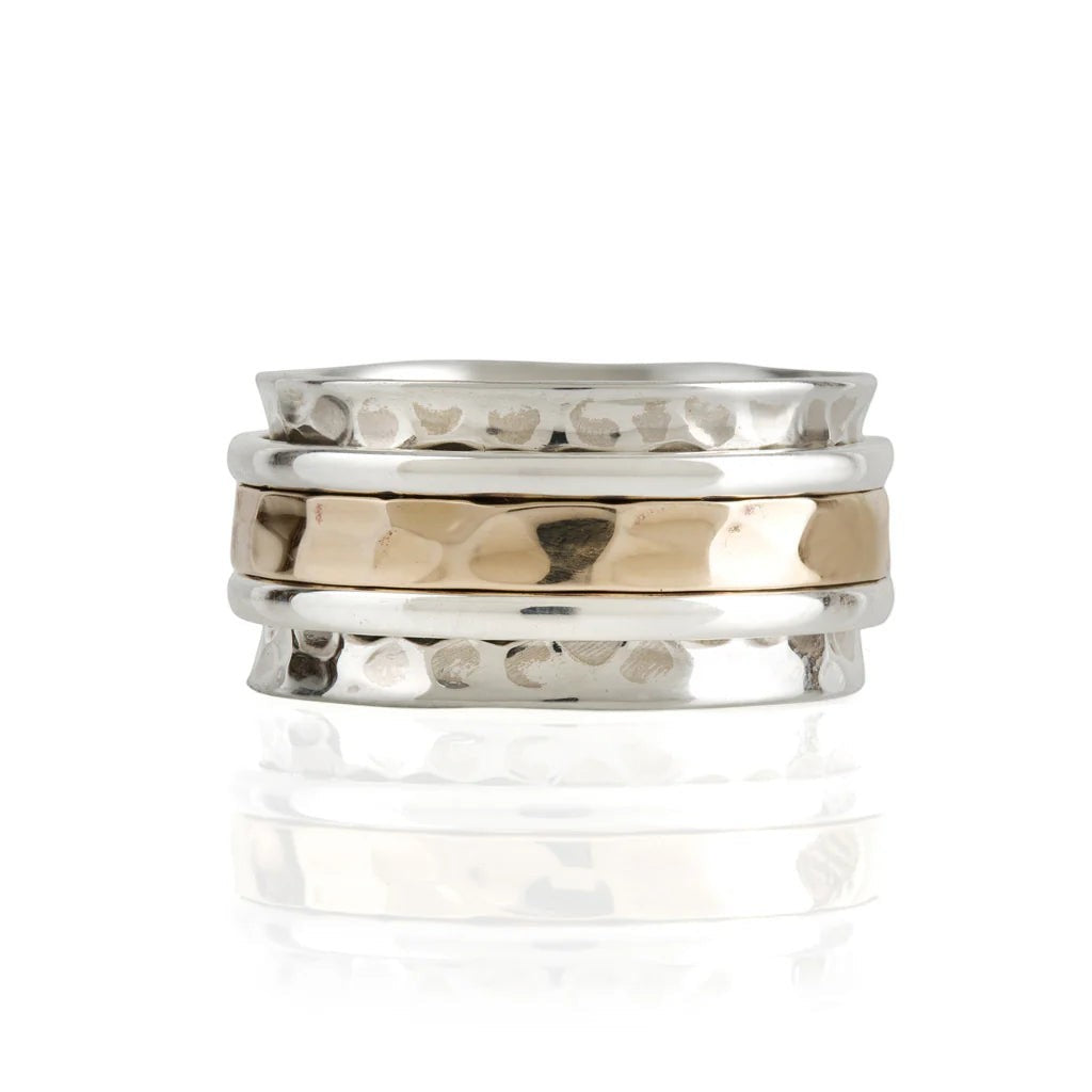 Niche Jewellery Charlotte's Web Karma Fortune spinning ring in recycled silver and bronze with hammered texture.
