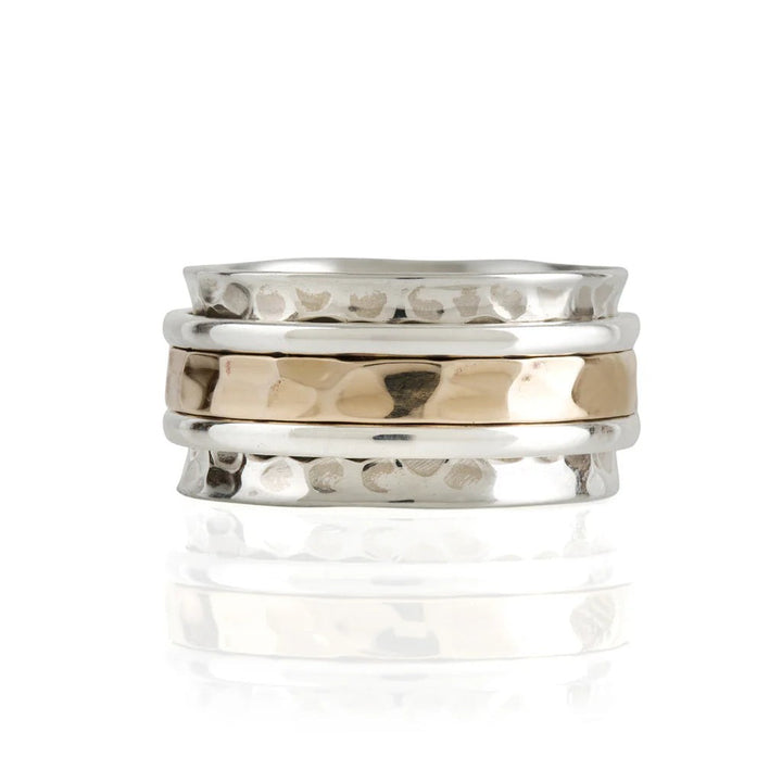 Niche Jewellery Charlotte's Web Karma Fortune spinning ring in recycled silver and bronze with hammered texture.