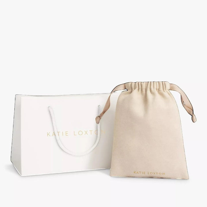 Niche Jewellery Katie Loxton branded white gift bag and soft beige drawstring pouch for jewellery packaging