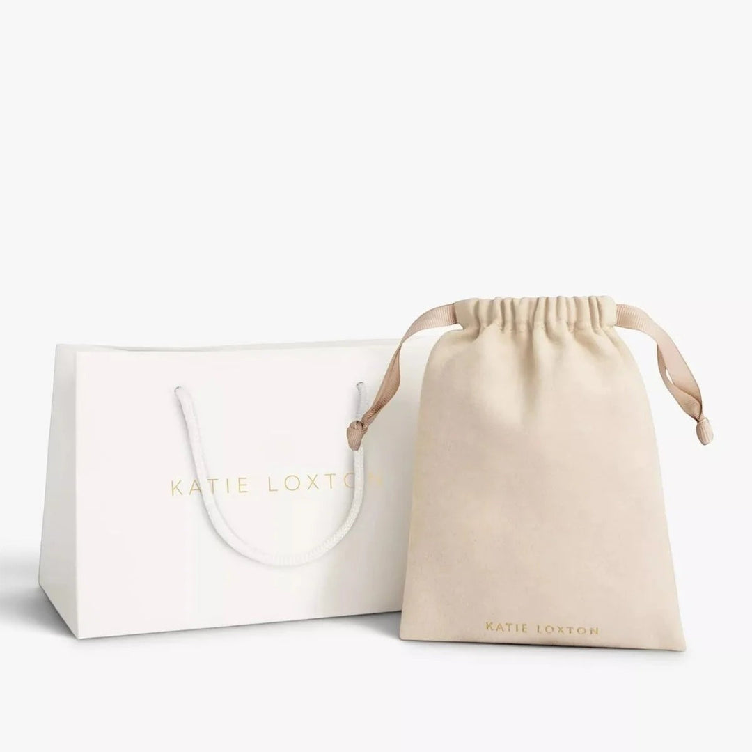 Niche Jewellery Katie Loxton branded gift bag and soft beige drawstring pouch for jewellery packaging