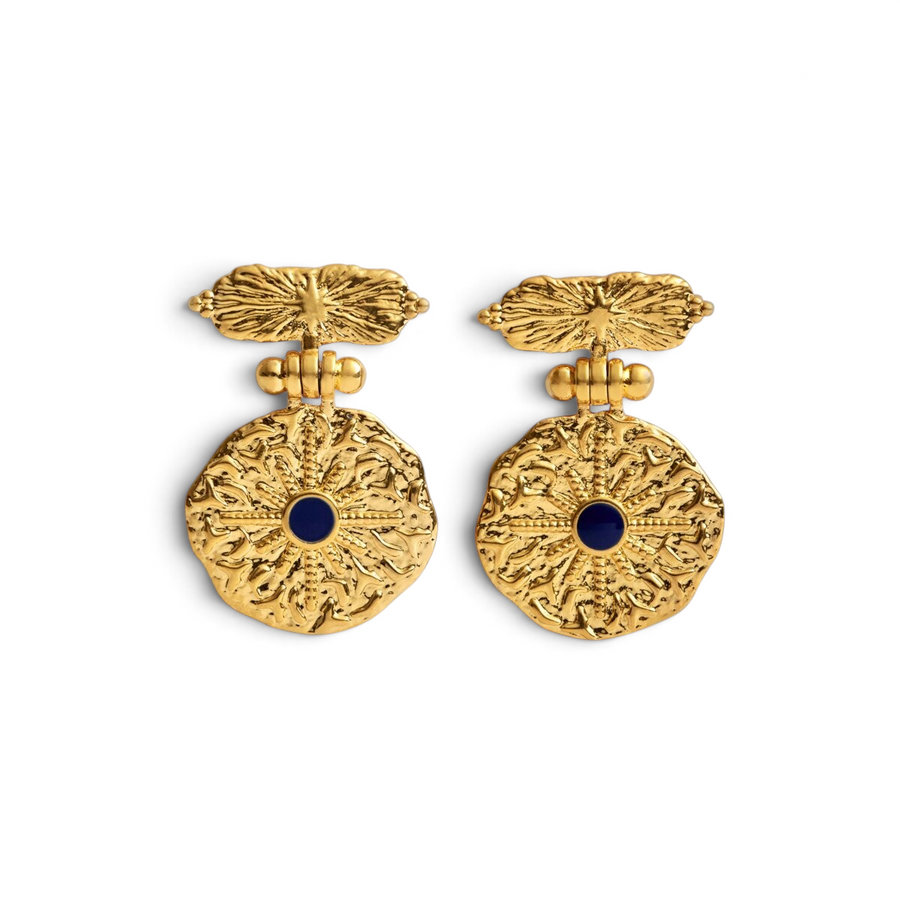Niche Jewellery Katie Loxton Midnight Solesi gold earrings featuring textured round discs and dark blue lapis stones.