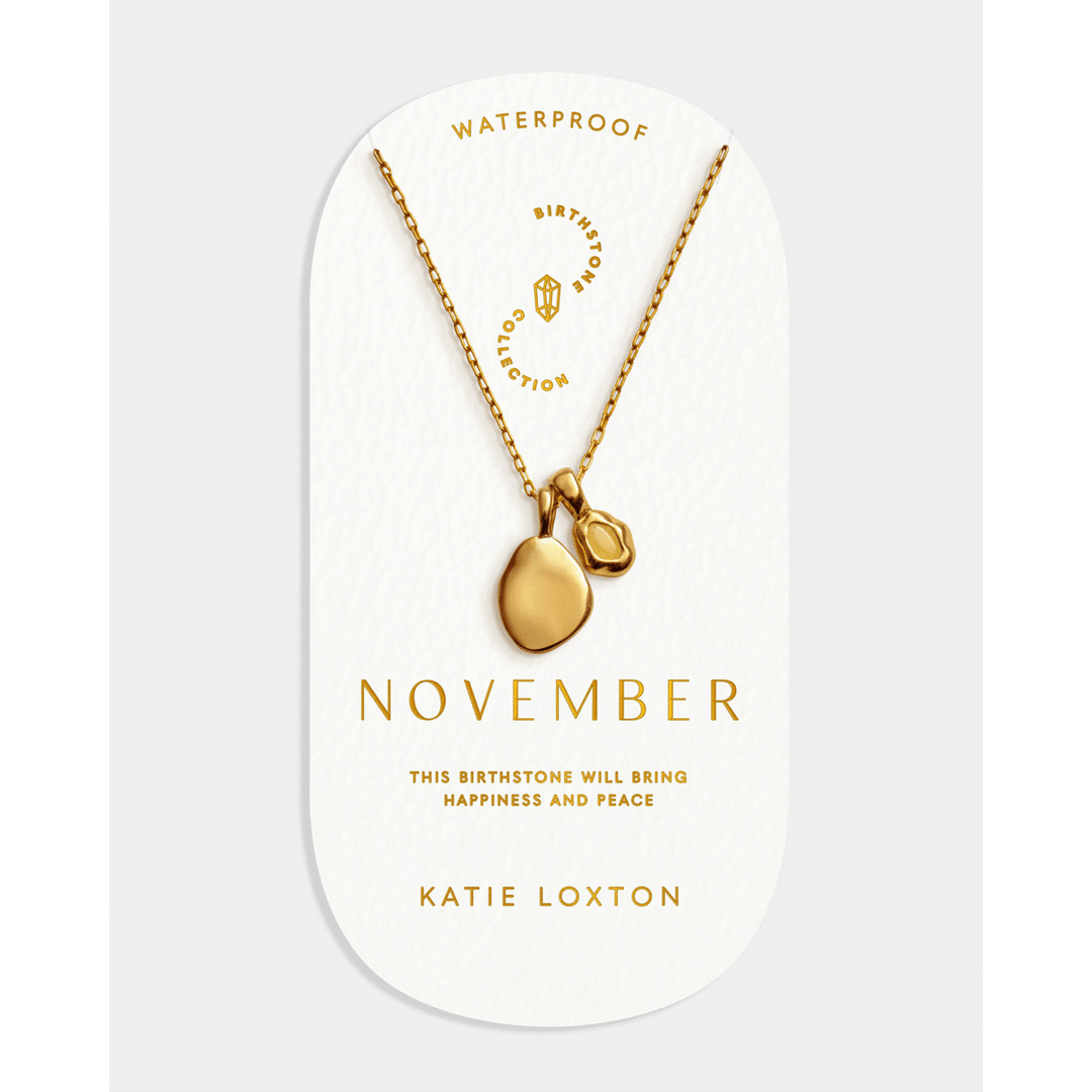 Niche Jewellery Katie Loxton November waterproof gold birthstone necklace with organic pendant on display card