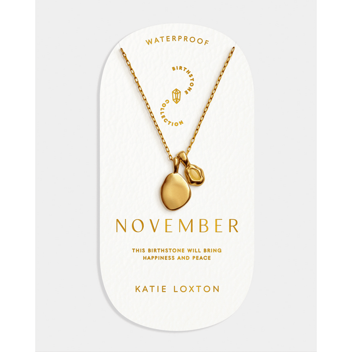 Niche Jewellery Katie Loxton November waterproof gold birthstone necklace with organic pendant on display card