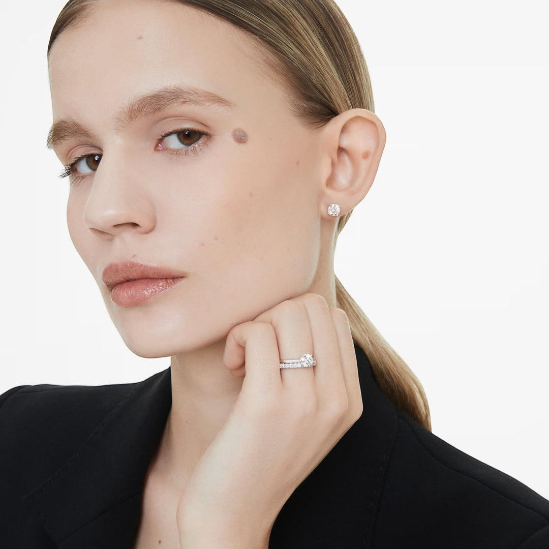 Niche Jewellery Swarovski lab-grown diamond eternity band in sterling silver worn on a model's finger