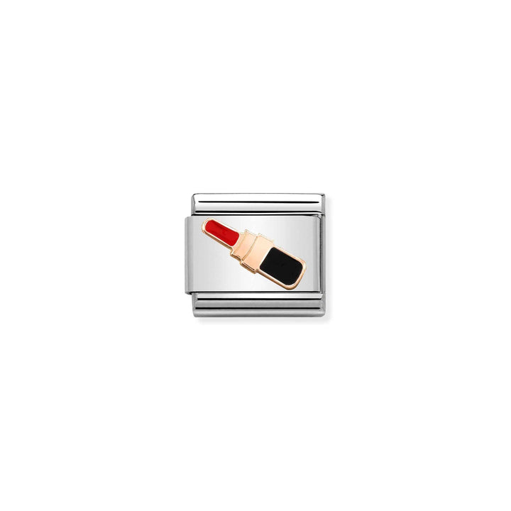 Niche Jewellery Nomination charm featuring a rose gold and red enamel lipstick design on a stainless steel link.