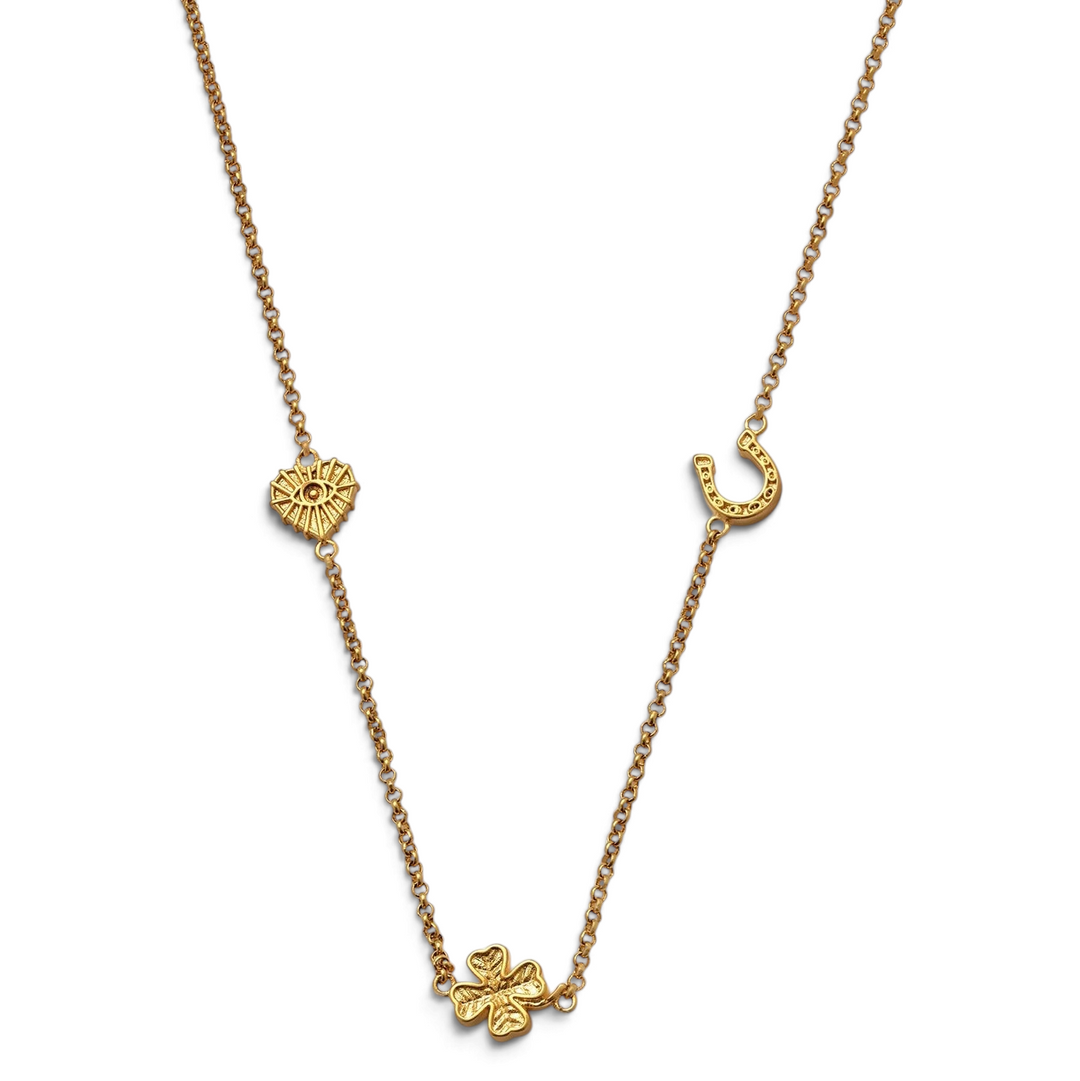 Niche Jewellery Katie Loxton gold-tone waterproof necklace featuring heart, horseshoe, and clover lucky charms.