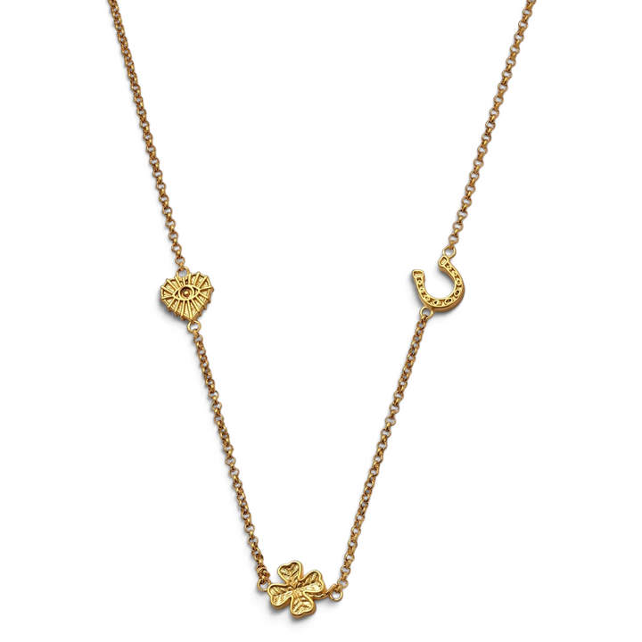 Niche Jewellery Katie Loxton gold-tone waterproof necklace featuring heart, horseshoe, and clover lucky charms.