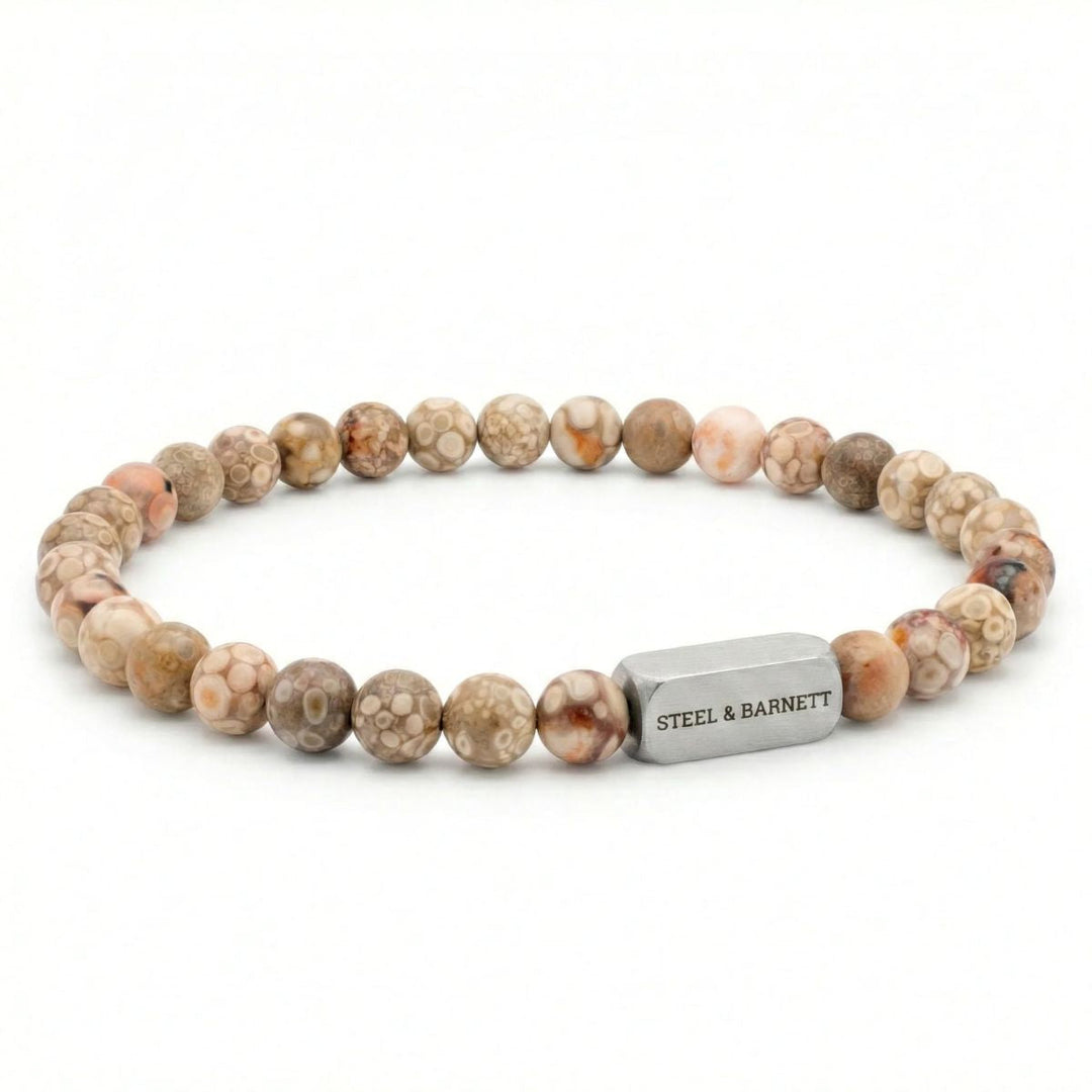 Niche Jewellery Steel & Barnett 6mm round maifanite gemstone bead bracelet with a brushed stainless steel accent.