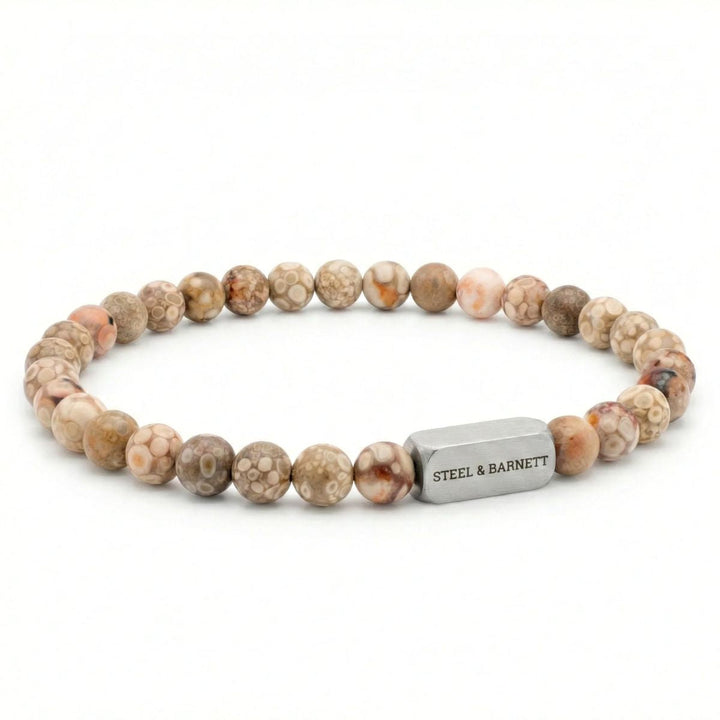 Niche Jewellery Steel & Barnett 6mm round maifanite gemstone bead bracelet with a brushed stainless steel accent.