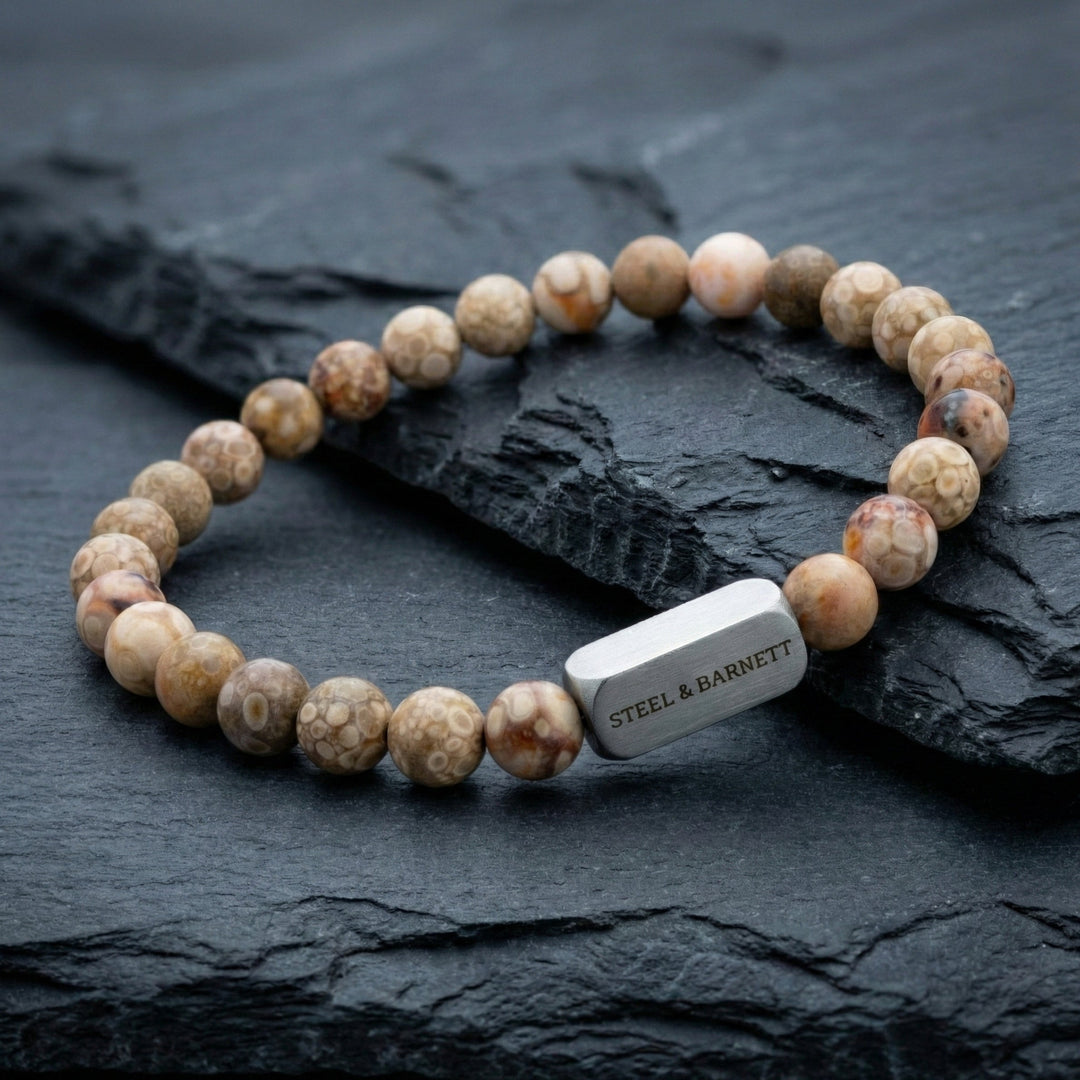 Niche Jewellery Steel & Barnett 6mm round maifanite bead bracelet with a brushed stainless steel logo accent