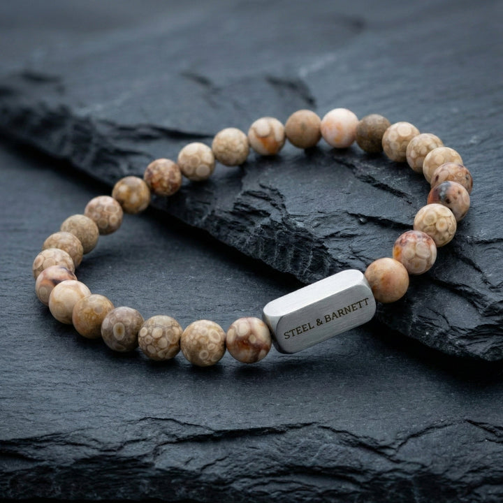 Niche Jewellery Steel & Barnett 6mm round maifanite bead bracelet with a brushed stainless steel logo accent