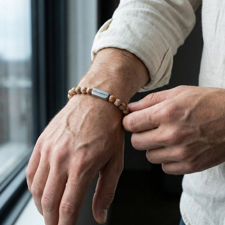 Niche Jewellery Steel & Barnett maifanite bead bracelet with a brushed stainless steel accent on a man's wrist.