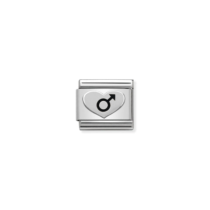 Niche Jewellery silver oxidised stainless steel charm with a heart shape and male symbol.