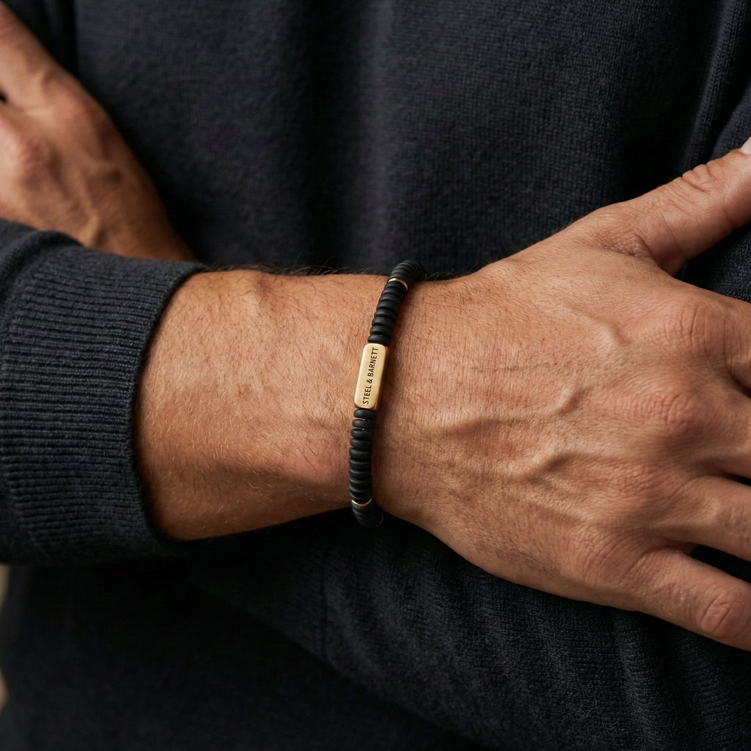 Niche Jewellery Steel & Barnett matte black onyx disc stretch bracelet with 18K gold-plated stainless steel accent