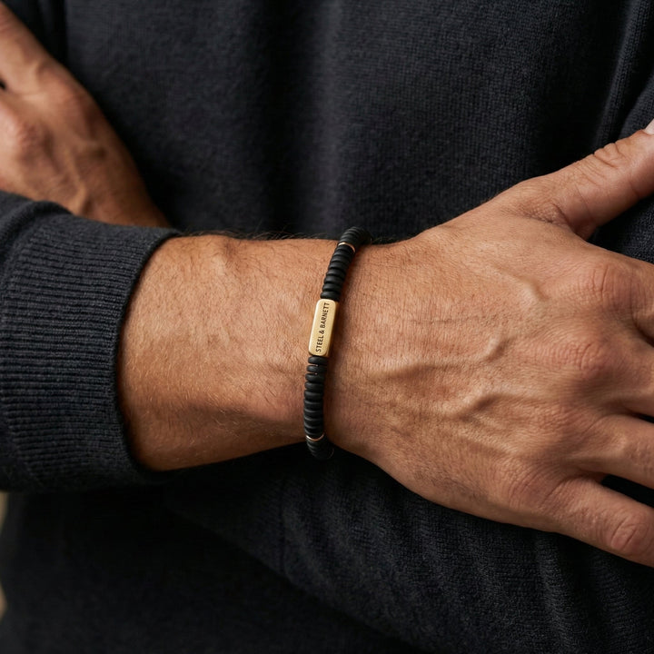 Niche Jewellery Steel & Barnett matte black onyx disc stretch bracelet with 18K gold-plated stainless steel accent