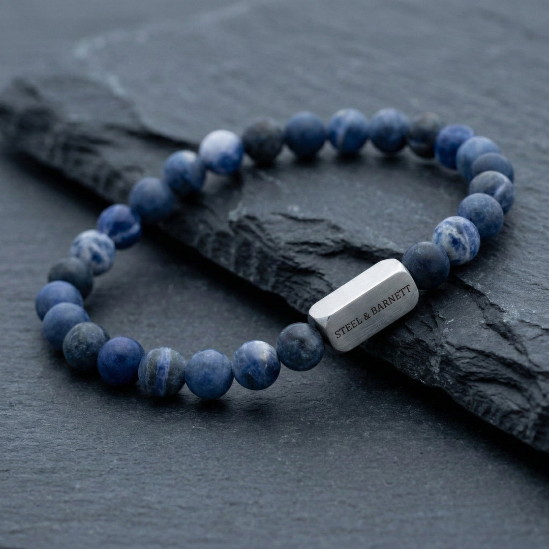 Niche Jewellery Steel & Barnett matte blue sodalite gemstone bead bracelet with a brushed stainless steel accent.