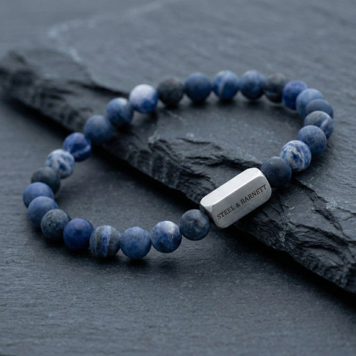 Niche Jewellery Steel & Barnett matte blue sodalite gemstone bead bracelet with a brushed stainless steel accent.
