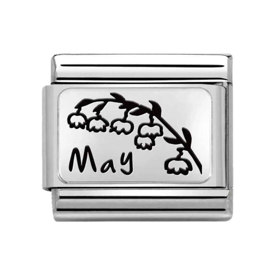 Niche Jewellery Nomination silver link charm featuring a black engraved lily flower and the word May.