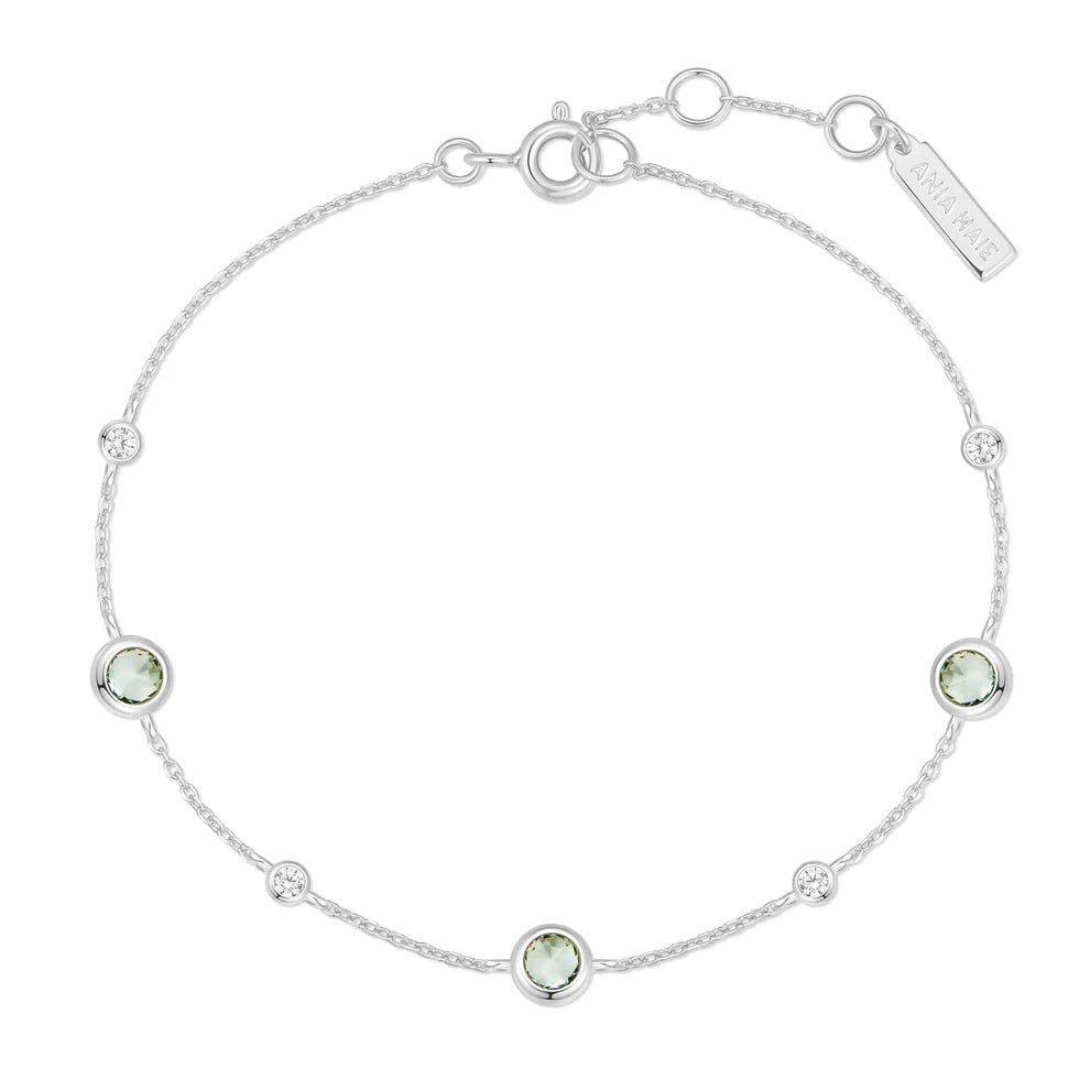 Niche Jewellery Ania Haie sterling silver bracelet featuring delicate chain with mint green stones and clear accents