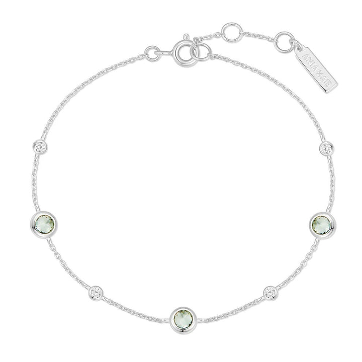 Niche Jewellery Ania Haie sterling silver bracelet featuring delicate chain with mint green stones and clear accents