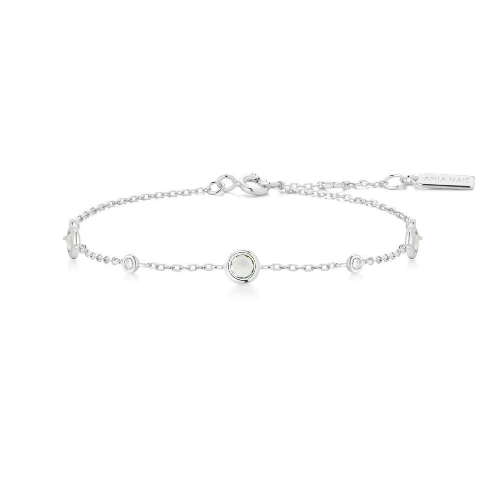 Niche Jewellery Ania Haie sterling silver chain bracelet featuring delicate mint green stone stations.