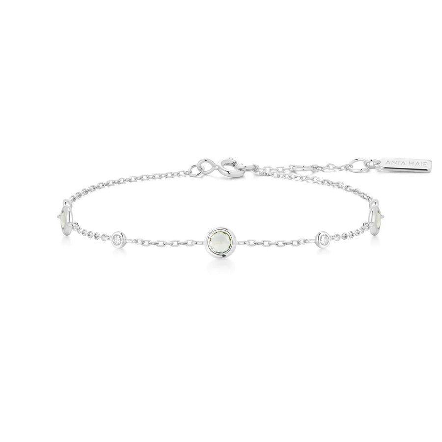Niche Jewellery Ania Haie sterling silver chain bracelet featuring delicate mint green stone stations.