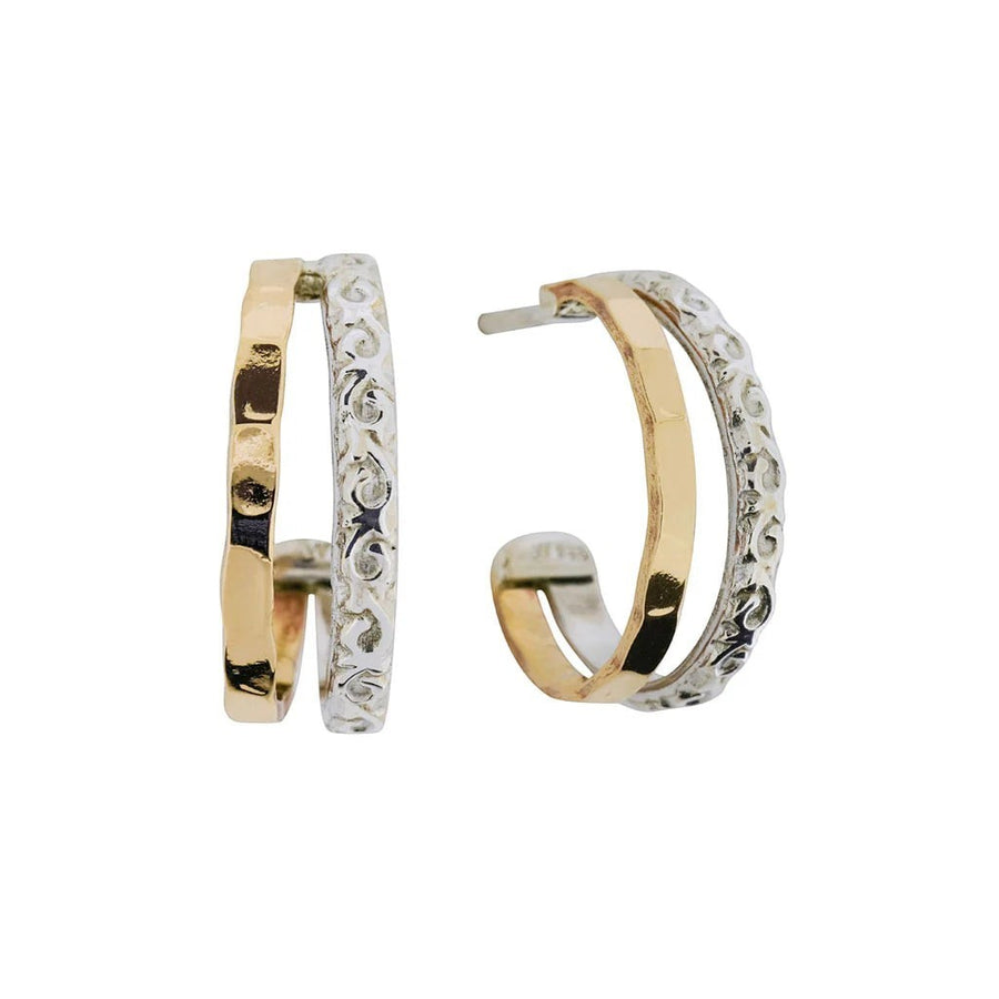 Niche Jewellery Charlotte's Web Aura Magic mixed metal double hoop earrings with silver floral and bronze textures.