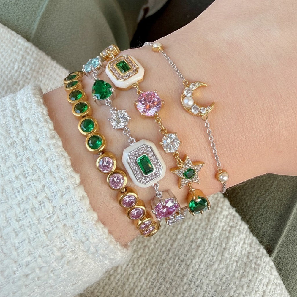 Niche Jewellery Amelia Scott Luna Pearl Moon Chain Bracelet with faux pearl and cubic zirconia, rhodium and gold plated eco brass.