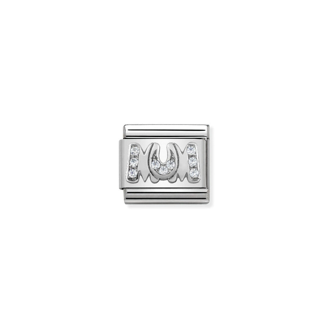 Niche Jewellery silver charm with 'Mum' spelled out in cubic zirconia stones, perfect for a Nomination bracelet.