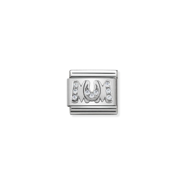 Niche Jewellery silver charm with 'Mum' spelled out in cubic zirconia stones, perfect for a Nomination bracelet.
