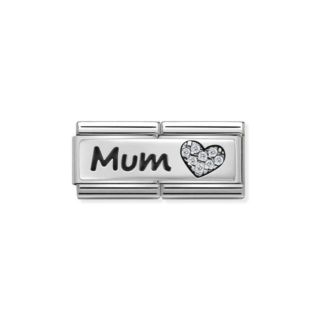 Niche Jewellery silver double link charm with 'Mum' engraving and a heart motif adorned with cubic zirconia stones.