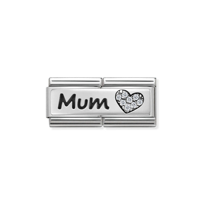 Niche Jewellery silver double link charm with 'Mum' engraving and a heart motif adorned with cubic zirconia stones.