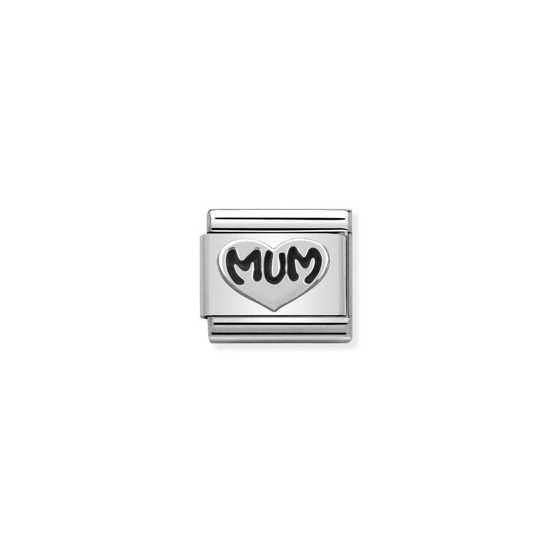 Niche Jewellery silver oxidised charm with a heart engraved with 'Mum'. Stainless steel and sterling silver.